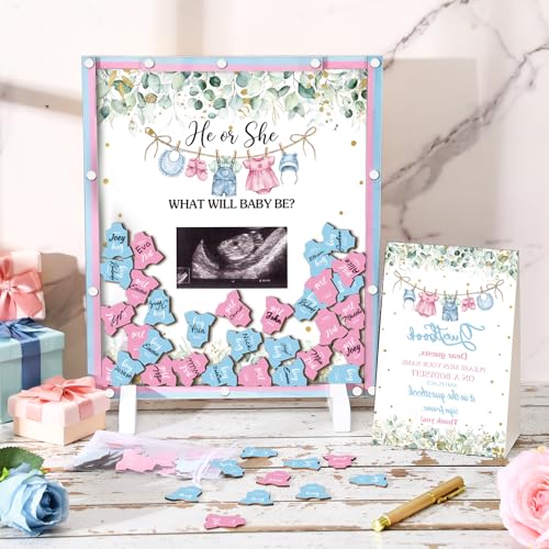 Image of Beeveer 65 Pcs Gender Reveal Baby Shower Guest Book Alternatives Greenery He or She Gender Reveal Decorations Sign in Guest Book with Picture Frame and 60 Wooden Chip for Boy or Girl Party Keepsake
