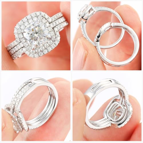 2.5CT Moissanite Wedding Ring Set for Women D Color VVS1 Cushion Cut Bridal Set Wedding Bands S925 Sterling Silver with 18K White Gold Plated Engagement Anniversary Rings for Her Size 4-94