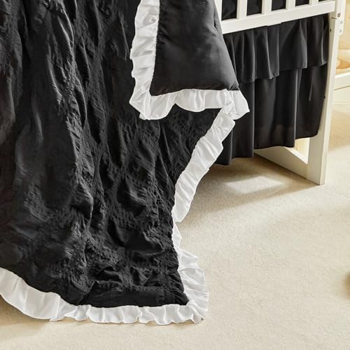 Image of Ruffled Crib Bedding Set Baby Boho Quilted Comforter with Fitted Sheet and Bed Skirt - Cute Soft Breathable Seersucker Ruffled Shabby Chic Bedding Soft Blanket Design - Black