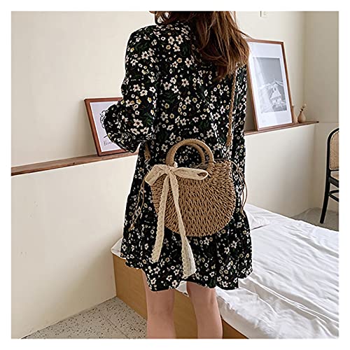 Straw Bag Women Hand-Woven Handbag Moon Shape Lace Bow Rattan Bag Big Capacity Drawstring Casual Beach Shoulder Crossbody Bag (A 19X8.5X23Cm)4