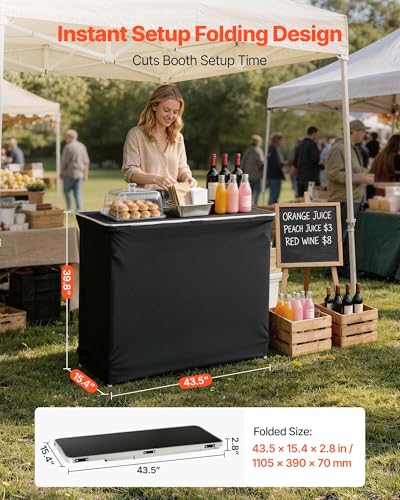 Image of VEVOR Folding Portable Bar Table, 43.5 x 15.4 x 39.8 in, with Carry Bag, 2 Storage Shelves, and Detachable Skirt, Quick and Easy Setup, Foldable Mobile Bartending Station for Events, Party, Tradeshow