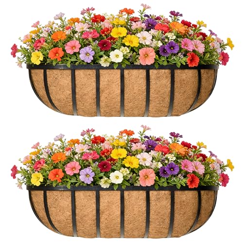 24 Inch Railing Planter Window Box Deck Balcony Rail Planter with Coco Liner Metal Wall-Mounted Coconut Liner Planter Basket English Horse Trough Planters for Outdoor Balcony Porch Fence (2 Pack)