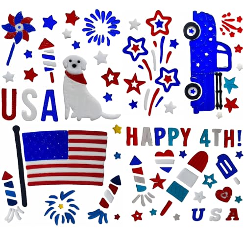 Gift&Fun 6 Sheets Fourth of July Gel Window Clings Red White Blue Stars Flag Dog Jelly Stickers Decals for Memorial Day Independence Day Glass Decor Screen-Free Fun