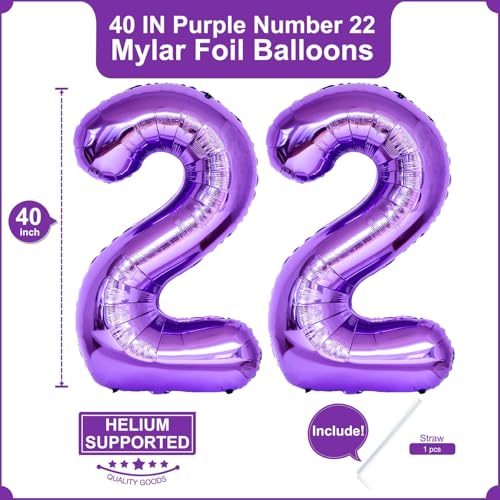 Image of Number 22 Purple Balloons 40 Inch Giant Purple Foil 22 Helium Balloons for 22th Purple Birthday Party Supplies 22th Anniversary Events Decorations