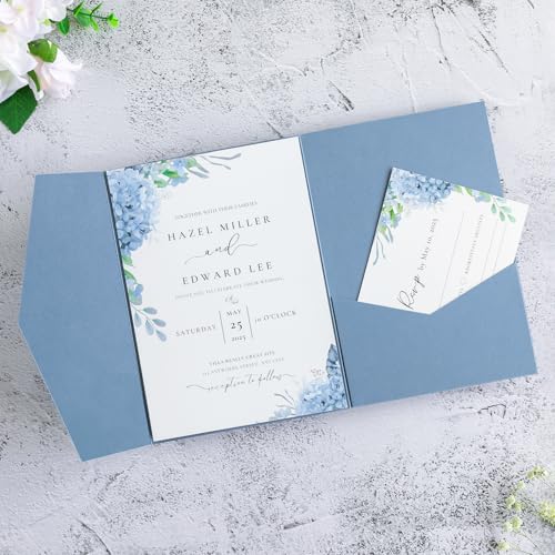 FEIYI 20 Pcs 5.12x7.1'' Matte Dusty Blue Tri-fold Laser Cut Wedding Invitation Cards for Wedding Bridal Shower Quinceañera Engagement Birthday Invitation