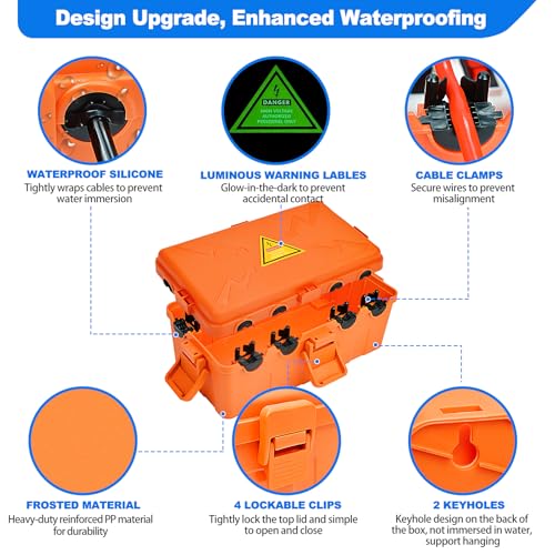 Image of Hrensaw Medium Outdoor Electrical Box(10.6x5.5x4.5inch),Weatherproof Connection Box w /6 Cable Entry,IP54 Waterproof Extension Cord Cover Protect Power Strip,Timer,Plug,Holiday Lights,Orange