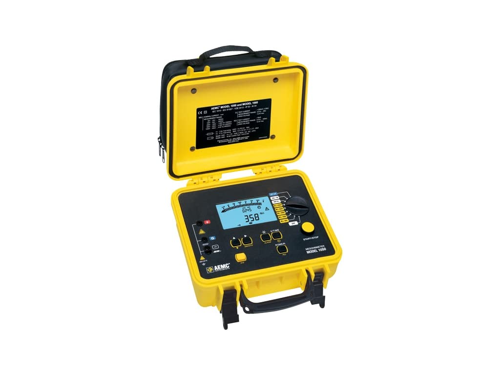 AEMC1050 Digital Megohmmeter, 50/100/250/500/1,000V Test Voltages, 4,000 Gigohms Insulation Resistance, 400 Kilohms Low-Resistance, 5 Microfarads Capacitance, 1,000V Voltage