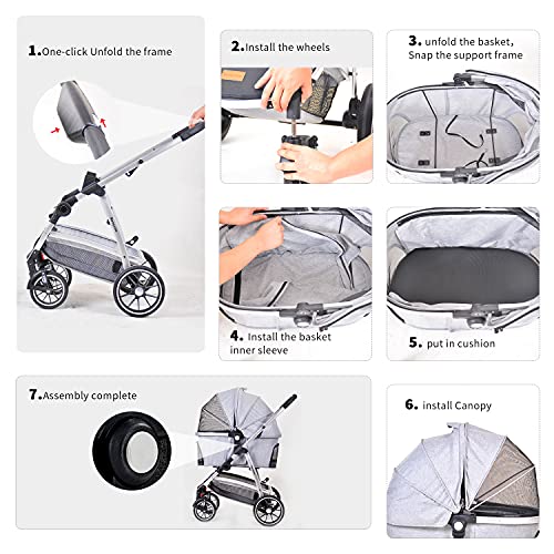 Kenyone Pet Stroller 3 in 1 Dog Stroller for Medium Small Size Dogs, Large Cat Stroller with Detachable Carrier for Puppies, Doggies, Kitties, Bunnies (C510 Gray)