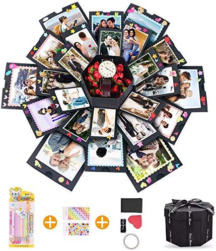 Explosion Gift Box,DIY Photo Album Upgraded 6 Sides Memory Surprise Box for Wedding Engagement Birthday Valentine's Day Anniversary Gifts Birthday Party Creative Gift Box (Black)
