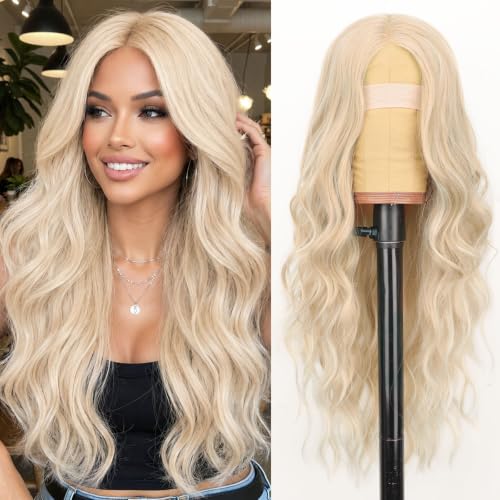 Image of AISI HAIR Platinum Blonde Highlight Wig for Women, Long Wavy Lace Hairline Middle Part Synthetic Heat Resistant Wig for Daily Party-26 Inch