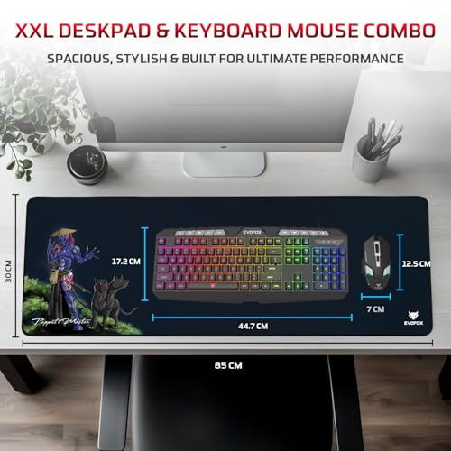 Image of EvoFox Deathray v2 3 in 1 Gaming Keyboard & Mouse Combo with Puppet Master Deskpad | 6 Zone RGB Backlighting, 19 Anti Ghosting Keys, Membrane Keys, Ergonomic, Full-Size | 6 Buttons, 7 Color LED Lighting, Upto 3600DP | Extended Deskpad (Wired)