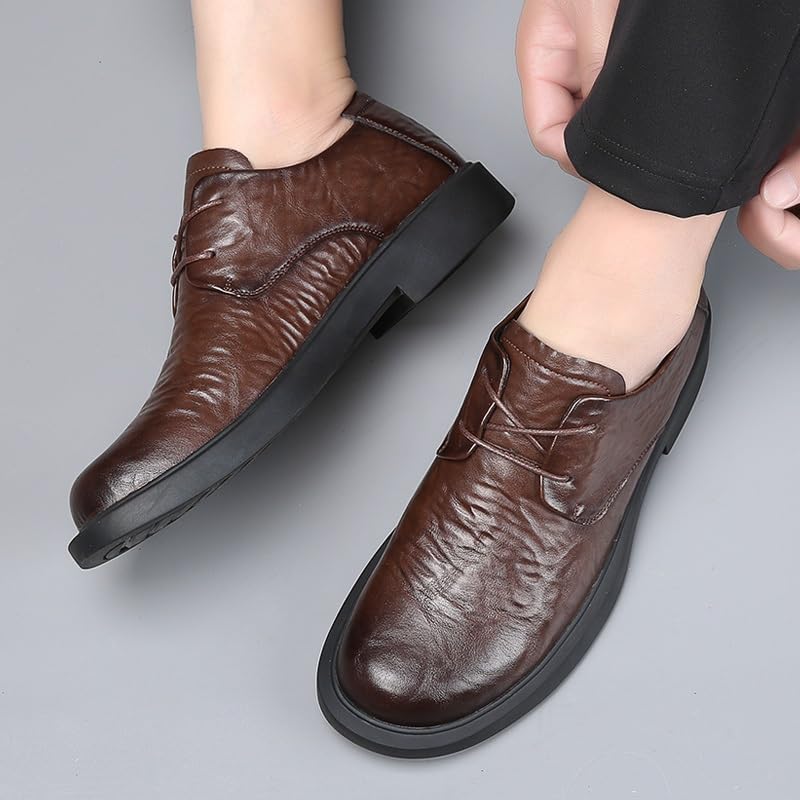 HOOENG Oxford Shoes for Men Lace Up Round Burnished Toe Faux Leather Derby Shoes Block Heel Low Top Non Slip Resistant Classic(Color:Brown,Size:9)4