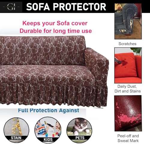 Image of Gifts Island Sofa Cover Set Marble Design 5 Seater Fully Covered Universal Polycotton Spandex with 360 Frill Non-Slip Sticky Elastic Stretchable Sofa Slipcover for Livingroom (Brown Marble)