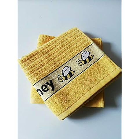 Sue Rossi Ltd 100% Cotton Tea Towels Waffle Embroidered Animal Cooks Cloth Luxury 3 Pack Kitchen Towel Set (Yellow Bee) Cover