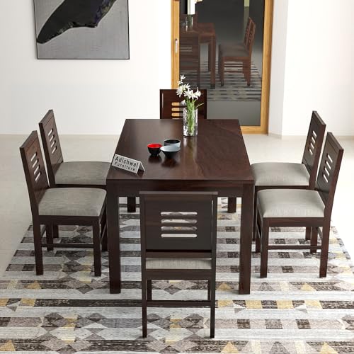 Image of Solid Sheesham Wood 6 Seater Dining Table Set with Cushioned Chairs for Dining Room | Living Room | Home & Office | Hotels Restaurant & Cafe (6 Seater, Walnut)
