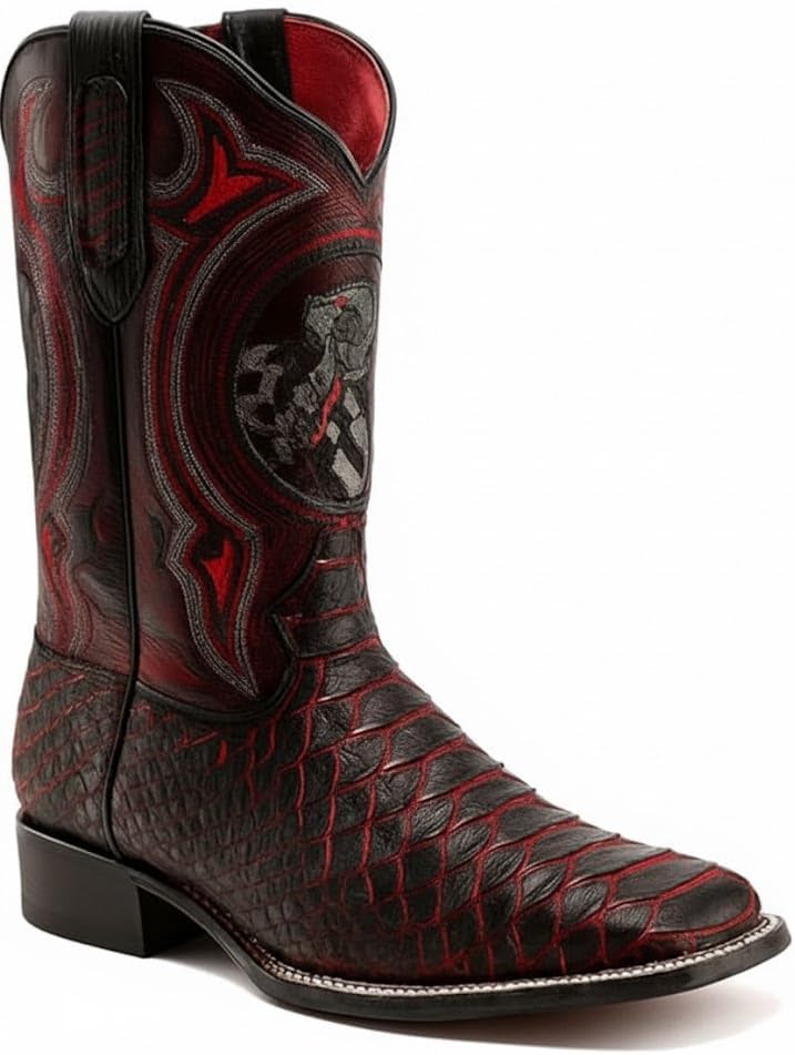 Men’s Genuine Leather Exotic Python Snakeskin Print Square Toe Cowboy Western Boots - Black Cherry