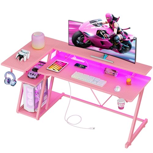 Image of Korfile 55 Inch Pink Gaming Desk with Power Outlet & LED Lights, Corner Computer Desk with 3 Tiers Storage Shelves, L Shaped Gaming Desk with Monitor Stand for Bedroom