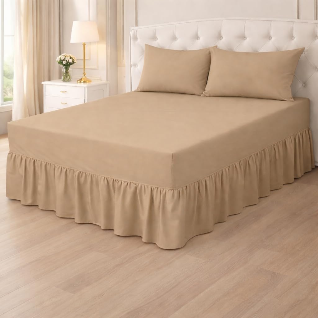 Plain Poly cotton Extra Deep Frilled Valance Fitted Sheets, Easy Case Fitted Valance Sheets in 14 Attractive Colors, Percale Quality Fitted Valance Sheet (Beige, Super king)