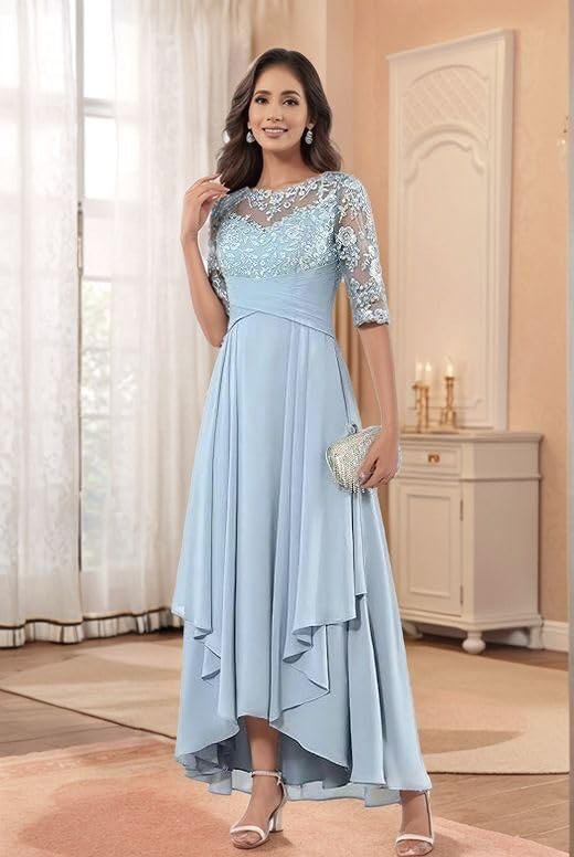 Lace Applique Mother of The Bride Dresses Ruffles Half Sleeve Formal Dress A-Line Long Chiffon Evening Party Gown3