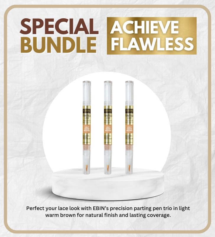 Wig Tint – 3x Tinted Lace Precision Parting Pen Light Warm Brown By EBIN NEW YORK Bundle – Lace Tinting for Wig Part Line with Fine Brush Applicator and Long-Lasting Color – Gift Set (3 Items)