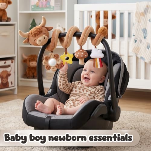 Image of Stuffed Highland Cow Spiral Car Seat Toys for Babies 0-3-6-12 Months, Infant Stroller Toy with Mushroom Pendant & Star Teether Hanging, Cute Baby Registry Search & Shower Gifts for Newborns
