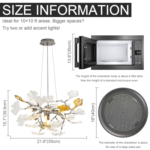 Image of AioTio Black Modern Chandeliers for Dining Room, D21.6'' Round Tree Branch Glass Ginkgo Leaf Farmhouse Chandelier,Silver Art Deco Ceiling Hanging Chandelier for Living Room,Entryway,Foyer,Kitchen