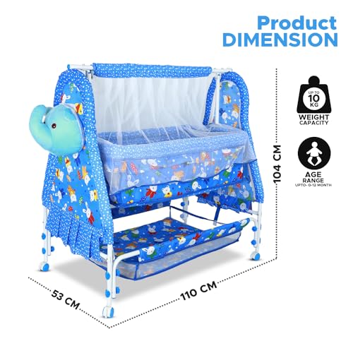 Image of BUBBLEBABY Baby Cradle | Jhula | Baggi | Palna | Ghodiyu | Ventilated | with Swing & Mosquito Net | 0-12 Months | Four Wheels with Brake | Storage | Polypropylene | Safe & Sturdy | Foldable | Blue