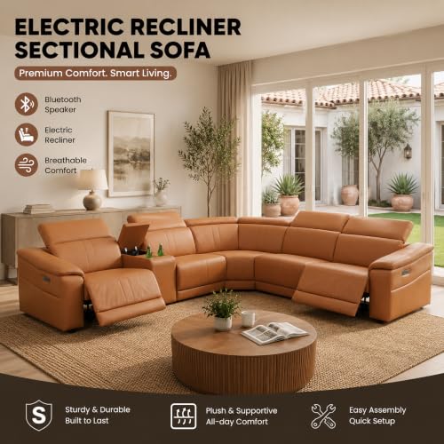 Image of Power Recliner Sectional Sofa, L-Shaped Living Room Furniture Set, Reclining Sectional Couch with Storage Console /Cup Holder for Living Room /House /Apt (Light Brown, Sectional+Sofa)