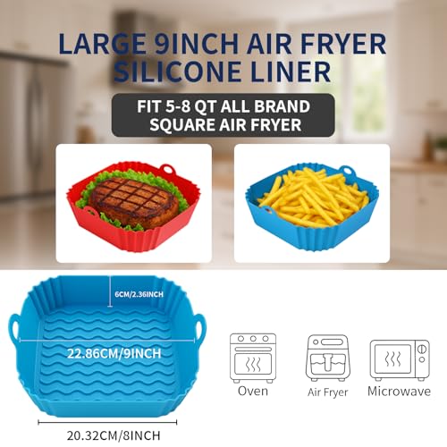9 Inch Large Air Fryer Silicone Liners - 2 PCS Square Reusable AirFryer Basket Liners for 5-8QT Air fryer, Air fryer Accessories for Baking Roasting Microwave (Red + Blue)