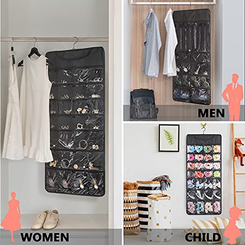 Foregoer Hanging Jewelry Organizer With Zipper Pocket Double Sided 43 Pockets Large Necklace Earring Accessory Holder Organizer(Black) #TOP3