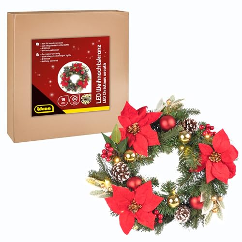 Idena 31902 - Corona navideña LED con 15 LED en Blanco cálido, Aprox. 40 cm, Corona de Adviento con Adornos en Rojo y Dorado, decoración navideña para Interiores