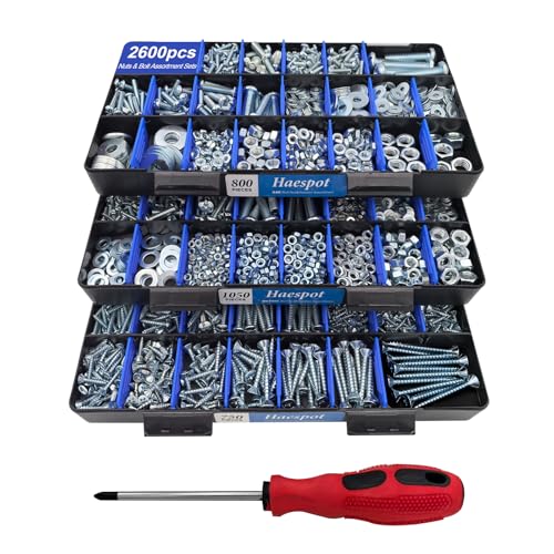 Haespot 2600 Piece Bolt and Nut Hardware Assortment Kit with Diverse Bolts, Screws, Washers & Nuts–DIY-Friendly, 3-Tier Storage for Home Projects