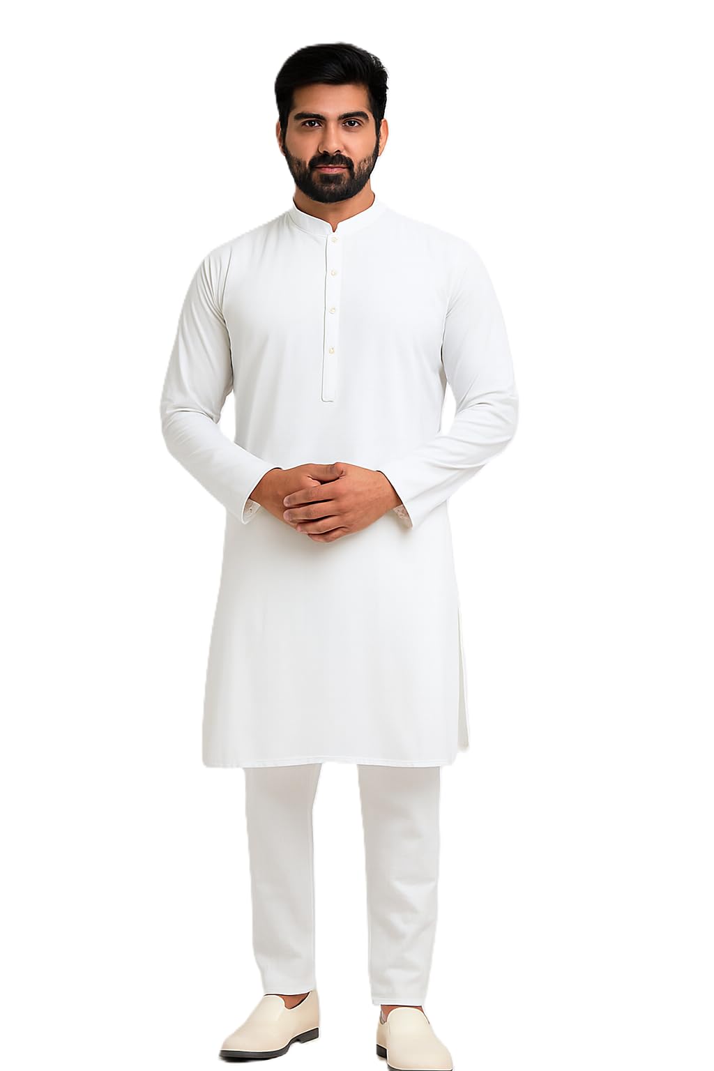 Men's Traditional White Kurta Pajama Set, Cotton Blend, Mandarin Collar, Gold Button Details, Formal Ethnic Wear-picture-48