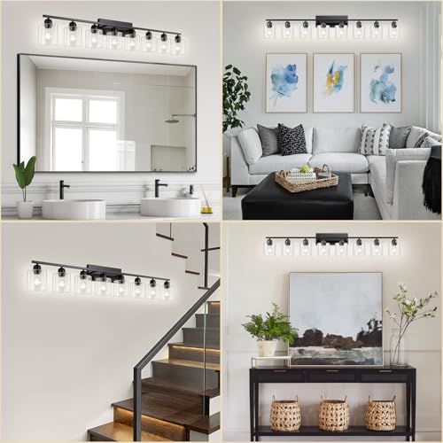 Image of Modern 8 Light Bathroom Light Fixtures, 52 inch Vanity Lights for Bathroom with Clear Glass, Black Bathroom Light Fixture for Mirror Kitchen Living Room Hallway Cabinet Porch