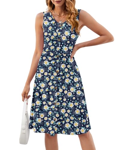 Image of KUOTAI Womens Summer Dresses Sleeveless Casual Loose Swing Button Down Midi Dress V-Neck Flowy A-Line Sundress