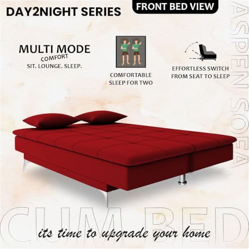 Image of Adorn India Premium New Aspen 3 Seater Sofa Cum Bed 4X6 Velvet Suede with 2 Cushions (Color Red) and Suitable for All Indoor, with 3 Years Warranty