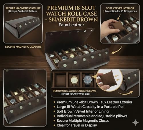 Image of essart 18-Slot Watch Roll Case - Premium Travel Organizer for Watch Collectors, PU Leather Luxury Storage, Portable & Scratch-Resistant (SN-Brown-Color)