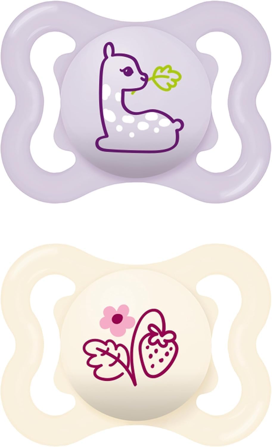 MAM Air Succhietto 2-6 Mesi (Set da 2), Ciuccio MAM 2-6 mesi per pelli sensibili e delicate, Kit da 2 accessori neonato con tettarella in silicone e porta ciuccio sterilizzatore, Lilla/Rosa