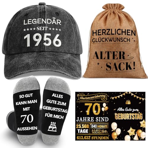MOTONG 4 in 1 Männer Geschenke Geburtstag für 1956 70 Geburtstag Mann-Alter Sack Geschenkbeutel mit Baseball Cap Socken und Karte Witzige Geschenke für Papa Opa Kollegen Ehemann Freund