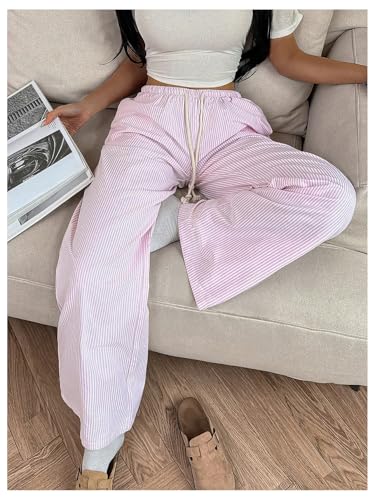 Women's Striped Wide Leg Pants Drawstring Low Rise Baggy Lounge Pants with Pockets4