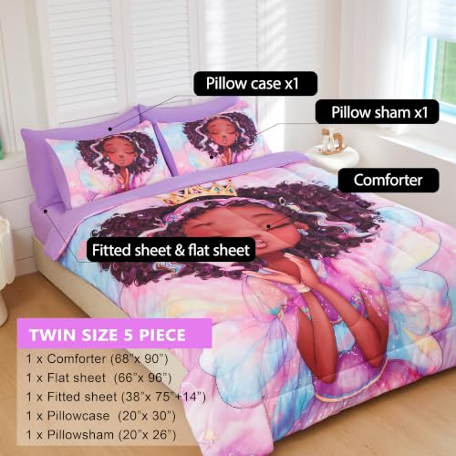 Image of Twin Comforter Set for Girls 5 Piece Black Girl Bedding Set for Girls, Super Soft Microfiber Bed Set African American Princess Bed in a Bag with Comforter Sheets Pillowcase & Sham