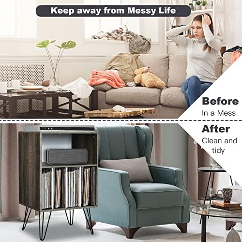 COSTWAY Record Player Stand, Turntable Stand Sofa Side Table with 5 Open Shelves Holds up to 150 Albums, Vinyl Record Storage Cabinet Vintage End Table for Living Room, Bedroom and Office (Grey)