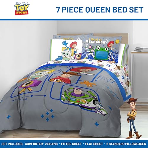 Image of Jay Franco Kids Comforter Set Includes Sheets and Pillow Covers - Soft and Cozy Bed Set for Stylish Room Decor, Official Licensed Bedding, Grey - Toy Story, 7 Piece Queen