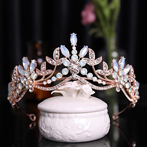 Diamentowa Tiara luksusowe różowe kryształowe koraliki liście diademy ślubne korony Rhinestone korowód Diadem panna młoda opaski ślubne akcesoria do włosów