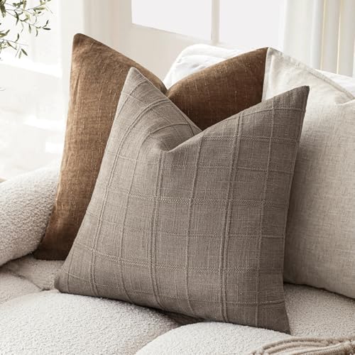 Image of Foindtower Set of 1 Decorative Linen Check Throw Pillow Cover Neutral Farmhouse Vintage Cushion Cover Modern Boho Home Decor for Sofa Chair Couch Bedroom Living Room,18x18 Inch,Tan Taupe