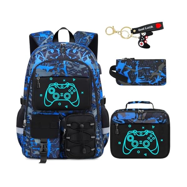 School Backpack for Boys - 4pcs Gamer Boys Backpack with Lunch Box Set for Kids Teens Elementary Middle High School,18″ Large Capacity Students Bookbag with Usb Charging Port & Key-chain