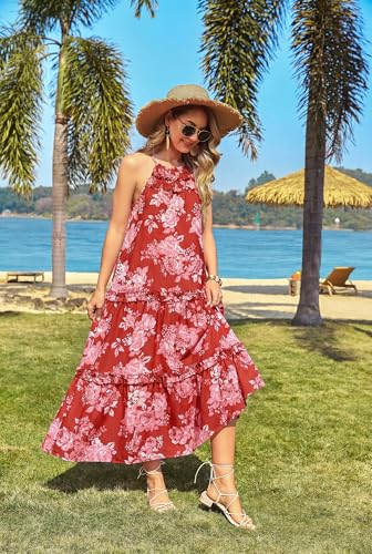Image of GRACE KARIN 2026 Women's Floral Halter Maxi Dress Boho Summer Beach Sundress with Tiered Ruffle Skirt