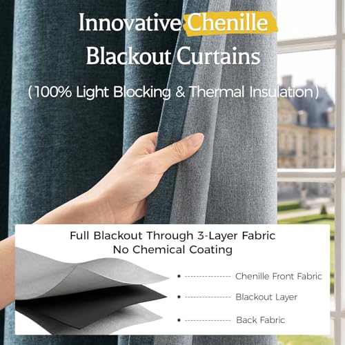 Image of 100% Blackout Curtains for Bedroom, Luxury Chenille Thermal Insulated Drapes for Living Room, Energy Saving Room Darkening 84 Inch Long Curtains, Grommet Top, 2 Panels, 52 inch W x 84 inch L, Blue