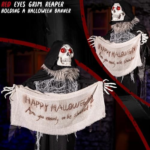 51wESIo99hL._AC_ Halloween Animatronics Grim Reaper Hanging 60 Inch Animated Skeleton Decorations with Sound Activated Scary Voice Scary Skull Head Luminous Eyes Scary Movement