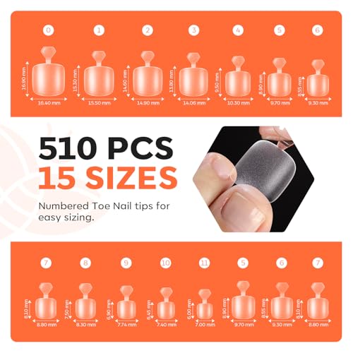 Image of Modelones Extra Short Toe Nail Tips, Square Toe Nail Tips Full Cover 510PCS 15 Sizes for Natural Wear Toenails Press On Pre-Etched Soft X Nail Gel Fake Toenail Matte Toe Tips for DIY Salon Use